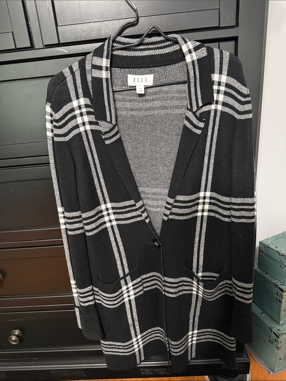 ELLE Black & White Plaid Open-Front Cardigan